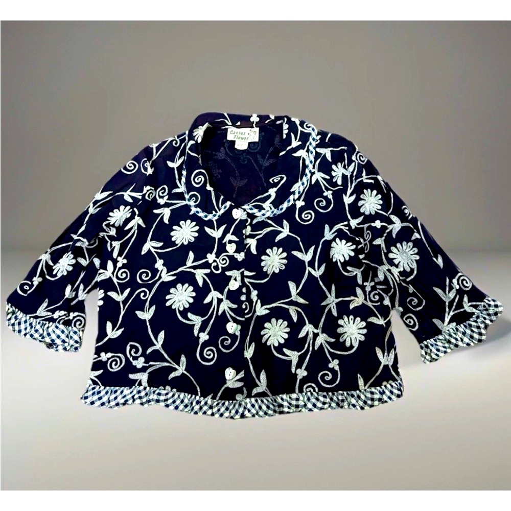 Vintage CACTUS FLOWER Embroidered Black Jacket w Heart Buttons Gingham Small EUC